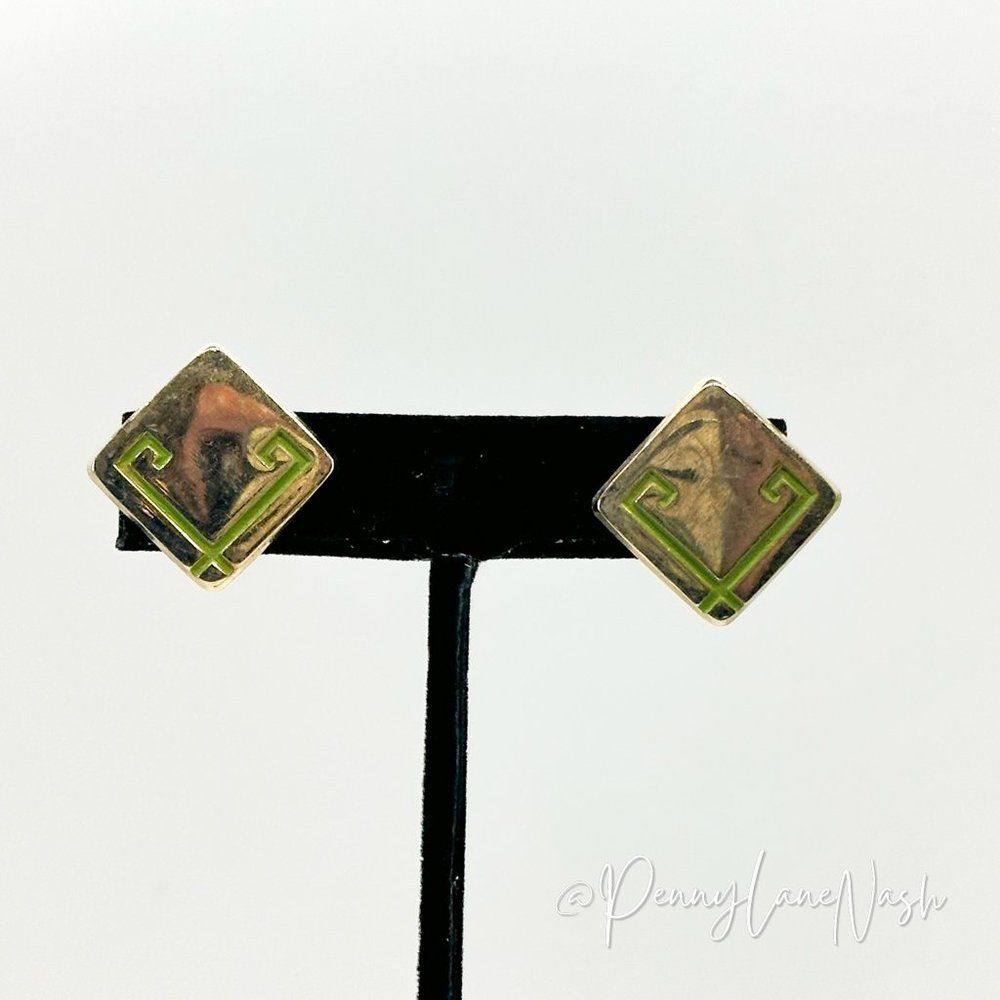 Vintage Square with Green Greek Corner Stud Earrings